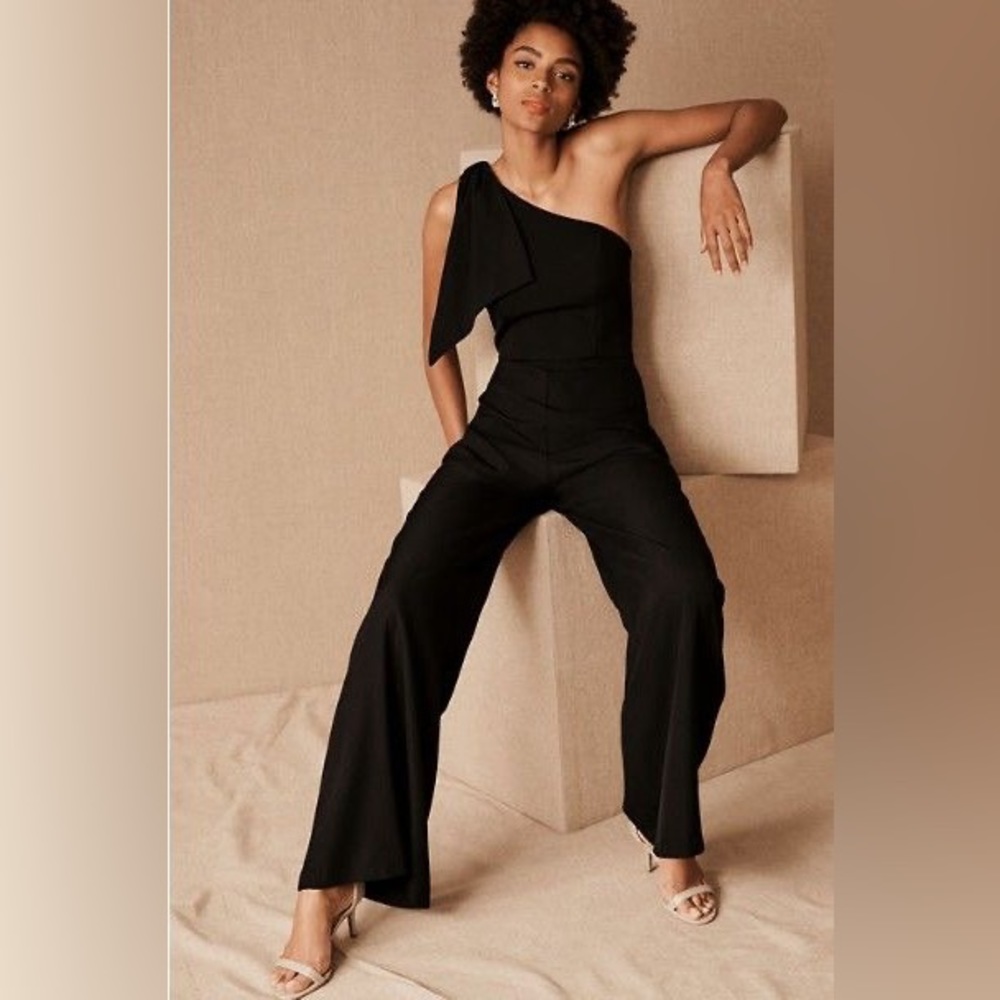 NWT BHLDN Black Windham One-Shoulder Bow Wide Leg Jumpsuit Size 2